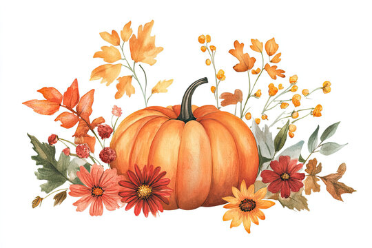 Lively fall flowers and foliage surround a pumpkin in this charming watercolor piece, ideal for harvest themes.