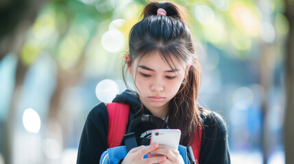 FOMO Asian teenager girl concentrate on using smartphone.
