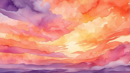 Abstract watercolor background with sunset sky in orange and purple