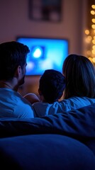 A family gathers on the couch for a cozy evening, enjoying a streaming service and sharing laughter together in their home at night