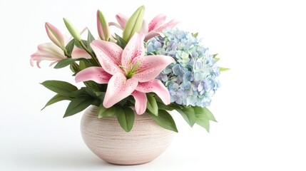 Pink Lilies and Blue Hydrangeas in a Vase