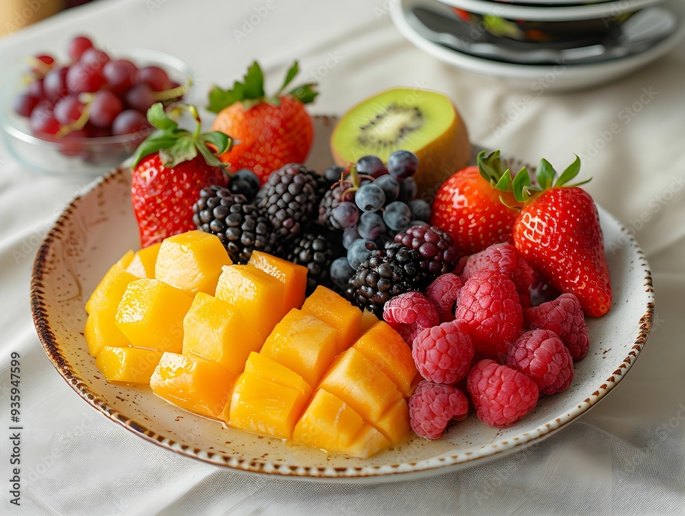 Wall mural A colorful assortment of fresh fruits displayed on a white plate, featuring mango, strawberries, blackberries, and raspberries in natural light