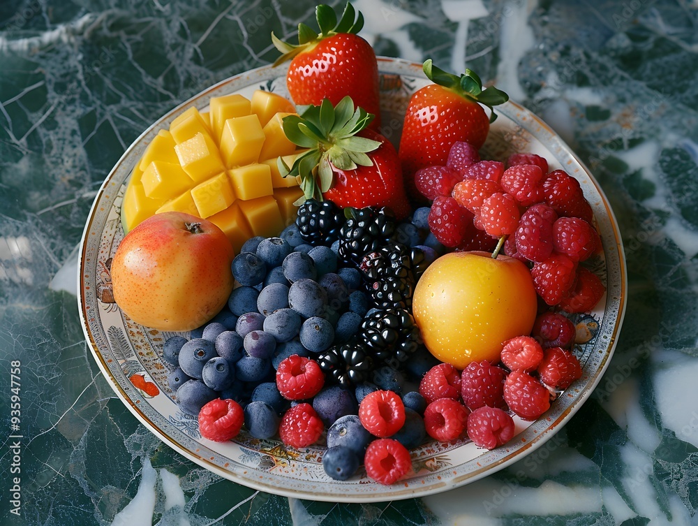 Wall mural a vibrant assortment of fresh fruits on a decorative plate captures a colorful display suitable for 