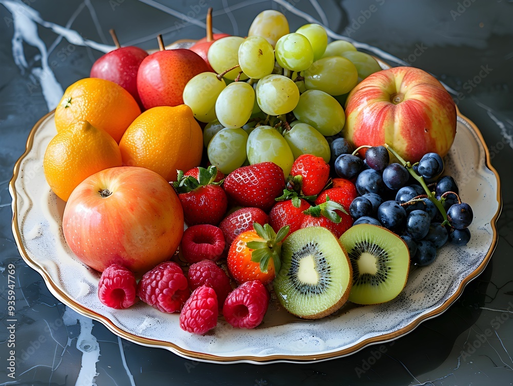 Canvas Prints colorful assortment of fresh fruits on an elegant plate, showcasing a variety of colors and textures