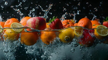 Fresh fruits splashing into water creating bubbles, captured in a dark setting with vibrant colors and dynamic movement