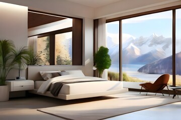modern guest room with window and scene