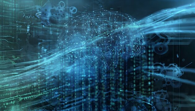 Machine learning, a central neural network structure with intricate connections, resembling a brain, surrounded by flowing lines of binary code and abstract data points