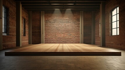 Fototapeta premium An empty podium with wooden floors and brick walls, creating a loft atmosphere, ready for presentation
