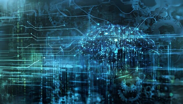 Machine learning, a central neural network structure with intricate connections, resembling a brain, surrounded by flowing lines of binary code and abstract data points