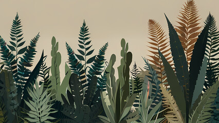 minimalist flat vector background that showcases a variety of botanical elements like ferns, palm leaves, and succulents