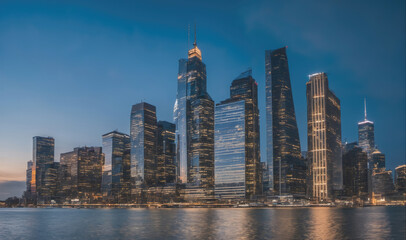 Obraz premium The New York City skyline at dusk, with the sun setting behind the skyscrapers and reflecting off the water