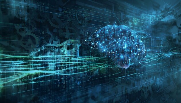 Machine learning, a central neural network structure with intricate connections, resembling a brain, surrounded by flowing lines of binary code and abstract data points