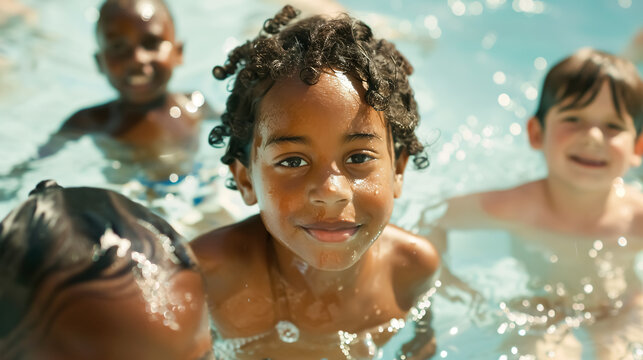 Diverse young children enjoying swimming lessons in a pool, learning water safety skills.