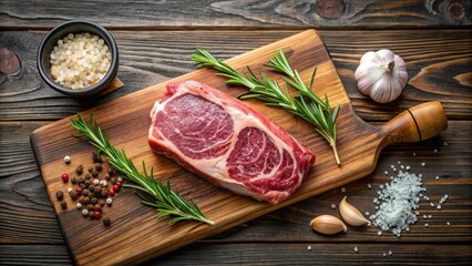 Raw Black Angus Ribeye steak with garlic, rosemary, black pepper