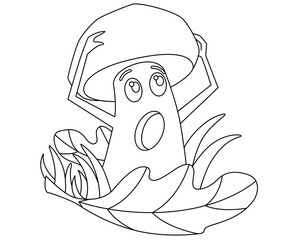 Frightened mushroom hides in the grass and fallen leaves - a vector linear picture for coloring. Outline. Character - edible mushroom scared	