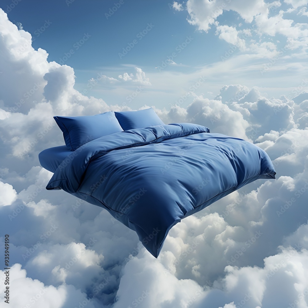 Sticker A bed, pillows, and sheets, all in shades of blue, float serenely in the sky