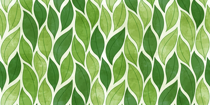 Watercolor leaves vector seamless pattern. Green tea leaf background, textured jungle print.