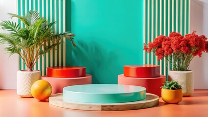 Minimalist Product Display with Geometric Shapes and Tropical Plants