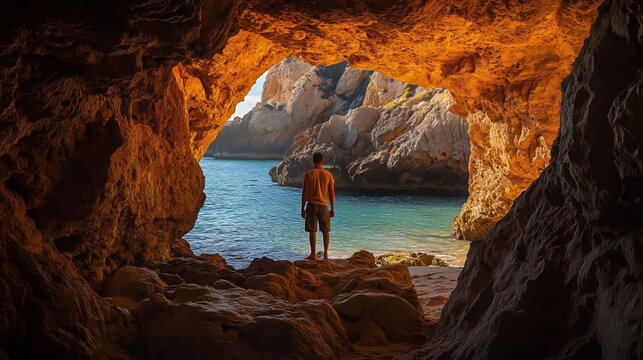 A man stands in Cueva de los Arcos, basking in sunlight, gazing at Cala Moraig's serene beauty.