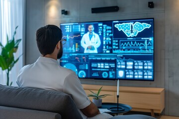 A patient at home having a remote consultation with a doctor via a large, interactive screen. The screen displays medical data and health stats, with the doctor visible through the video call