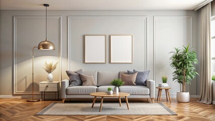 Fototapeta premium Empty living room wall mock-up with space for artwork or decor, interior design, home decor, minimalist, blank wall