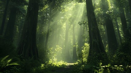 Sunbeams Through a Misty Forest