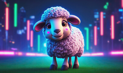 A cute, fluffy sheep stands on green grass in front of a neon light display