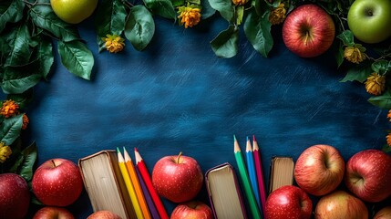 Chalkboard background for Teacher Appreciation Day featuring vibrant doodles of pencils, books, and apples.