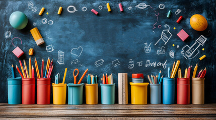 Banner for Teacher Appreciation Day showcasing a chalkboard texture and cheerful doodles of classroom supplies.
