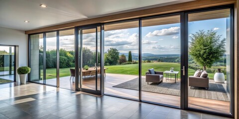 Fototapeta premium Modern sliding doors with panoramic glass windows in a modern country private house, interior design, architecture