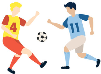 Soccer players kicking ball characters two boys, flat cartoon vector illustration isolated on white background. Soccer or football game players collection.