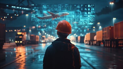 Logistics manager analyzing data flow of airplane shipments in a cargo port
