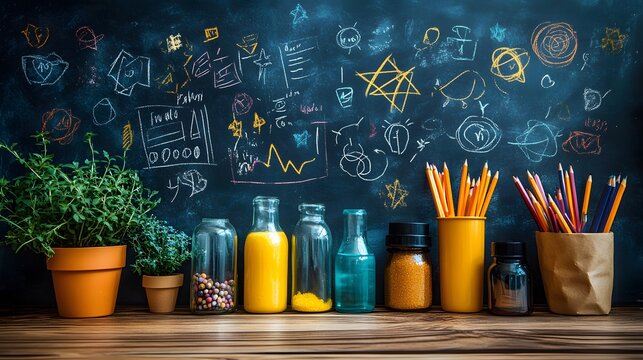 Teacher Appreciation Day with a chalkboard backdrop and lively, colorful doodles of teaching materials.