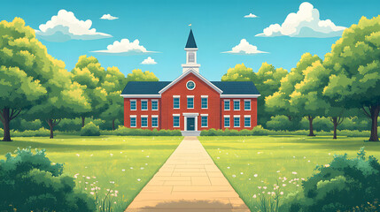 School building and campus elements with Teacher Day theme, animated vector style, bright colors.