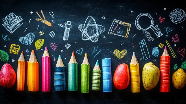 Chalkboard texture backdrop with lively school supply doodles for a vibrant Teacher Appreciation Day banner.
