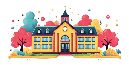 School building and back to school elements in a colorful animated vector style for Teacher Day.