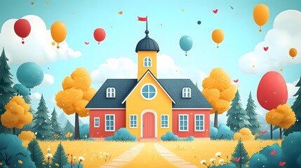 Teacher Day animation vector featuring a school building and campus elements in a playful style.