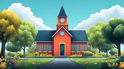 Teacher Day themed school building and campus elements in a fun animated vector style.