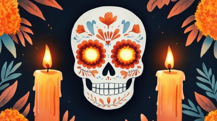 A vibrant sugar skull adorned with floral patterns, surrounded by glowing candles and marigolds, celebrating life and death.
