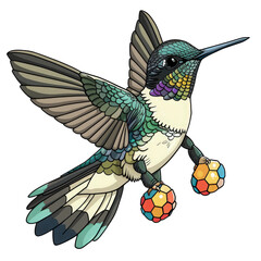 Obraz premium Vibrant hummingbird flying gracefully, showcasing colorful feathers and playful balls in its beak, perfect for nature lovers.