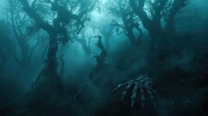 Spooky Halloween background with ghostly hands and haunted forest