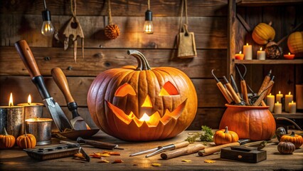 Halloween pumpkin jack-o-lantern surrounded by carving tools and spooky haunted decorations, Halloween