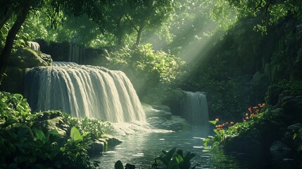 Sunlight Filtering Through a Lush Waterfall