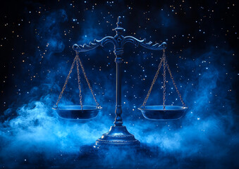 A balanced scale illuminated by cosmic mist in a starry night sky. A beautifully crafted scale stands amid swirling cosmic mist, glowing softly under a starry sky, symbolizing justice and balance.
