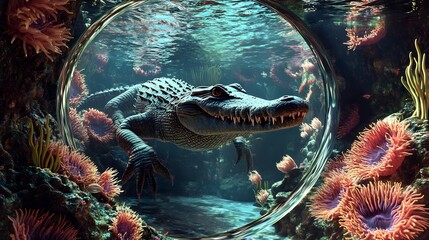 Alligator Under a Bubble in the Reef