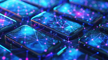 Mobile phones arranged in a network for cryptocurrency mining, futuristic and interconnected