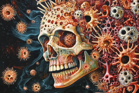 A skull with a face and a bunch of red and orange things around, a creepy and unsettling mood