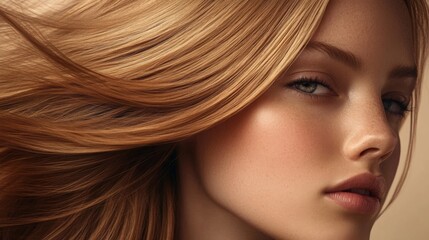 A young woman displays her flowing blonde hair and natural makeup, exuding confidence against a soft, neutral backdrop.