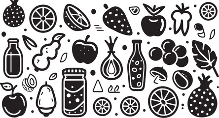 A simple vector icon set featuring a fruit and vegetable, hydration, protein intake, and healthy fats