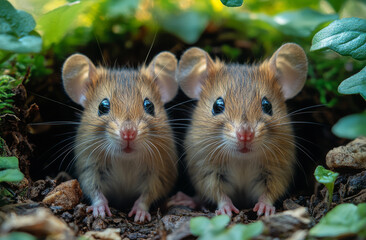 Two adorable mice peek out from their cozy burrow in lush greenery. Two small mice with bright eyes peek out from their nest, surrounded by vibrant green foliage in a peaceful setting.